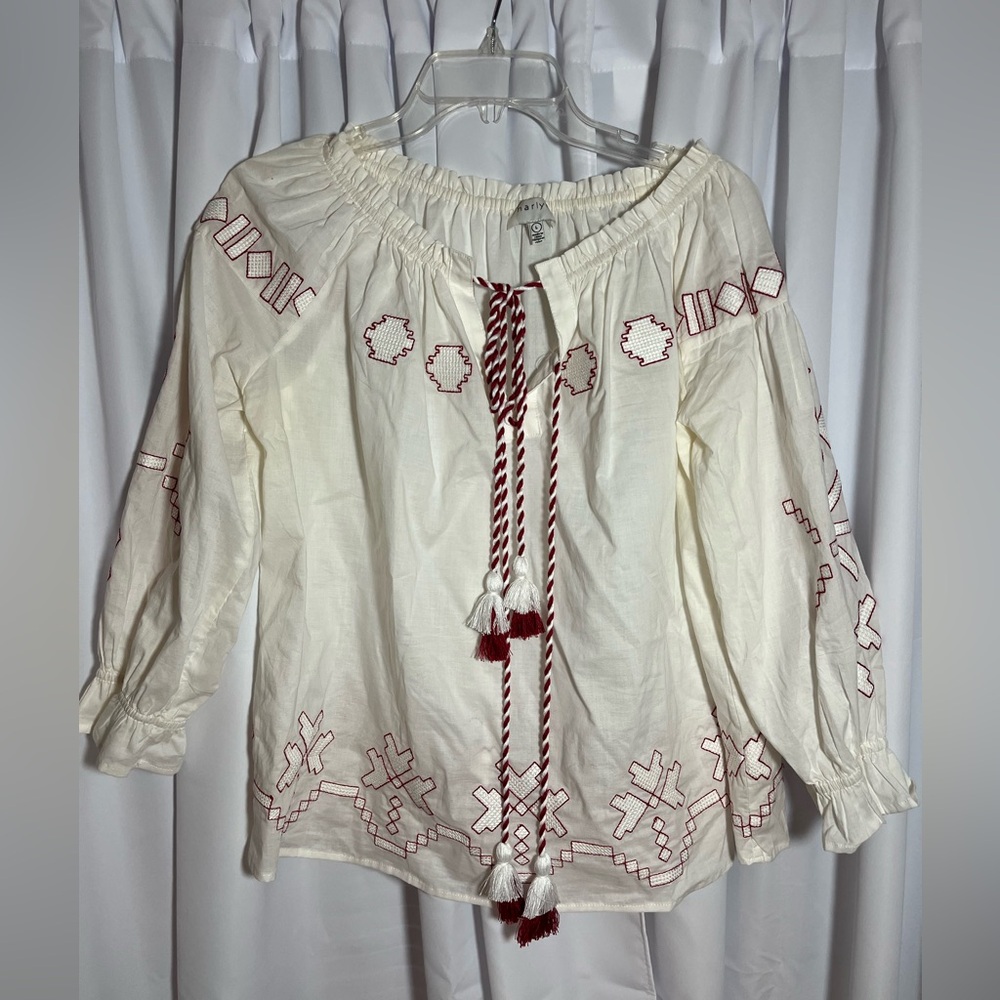 ANTHROPOLOGIE HARLYN White & Red Embroidered Peasant Blouse Sz L